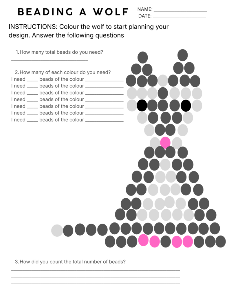 A beading wolf worksheet that I created for students. The wolf is created using dots, where students colour in their design and when it comes time to bead, they place the corresponding colour bead on the correpsonding coloured dot